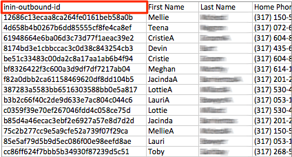 Figure shows the outbound id column that is automatically added when list data is exported.