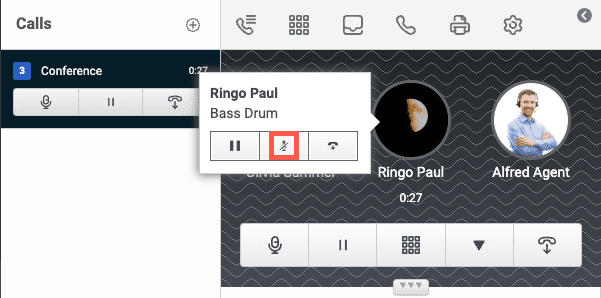 The Genesys Cloud conference call window with an orange box around the Mute icon