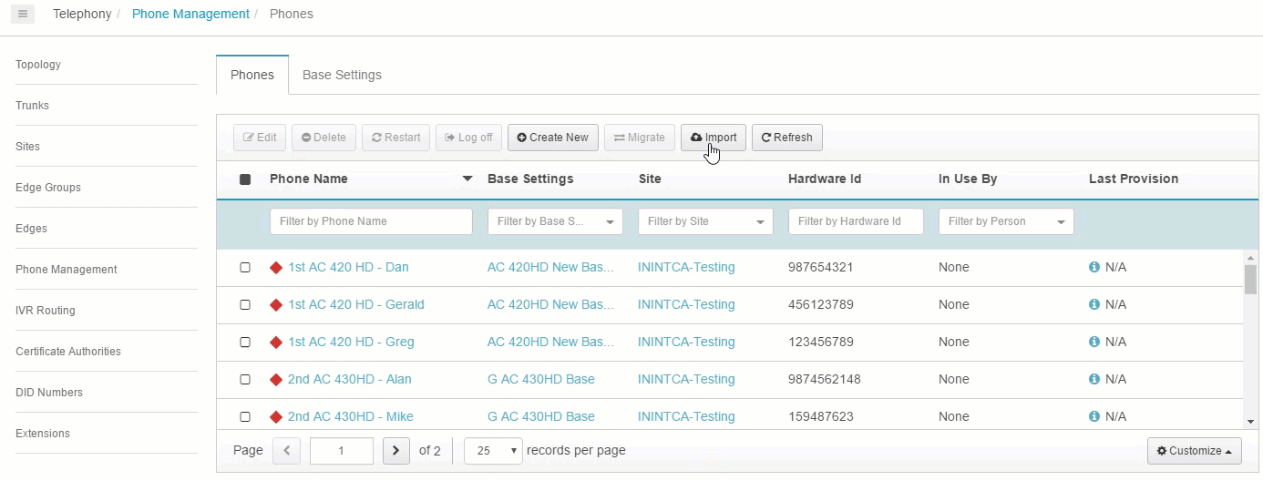 Customize columns on phone management tabs
