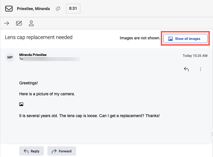 The ACD email UI with an open email that has an inline image and the Show all images link highlighted by a box