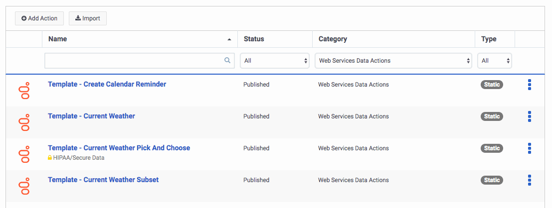 Manage Actions screen in Genesys Cloud