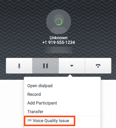 The active call panel showing the Voice Quality Issue flag