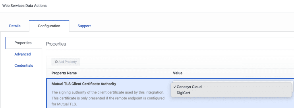 This image is a screenshot of the web services data action configuration window to select the certificate authority.