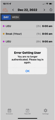 The Tempo app with an error message