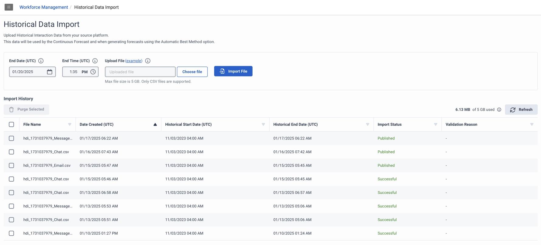 Historical data import view