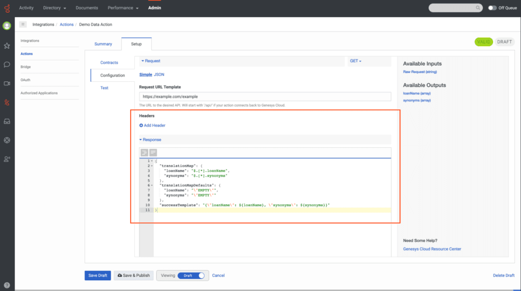 Example: Genesys Cloud data action Response tab configuration
