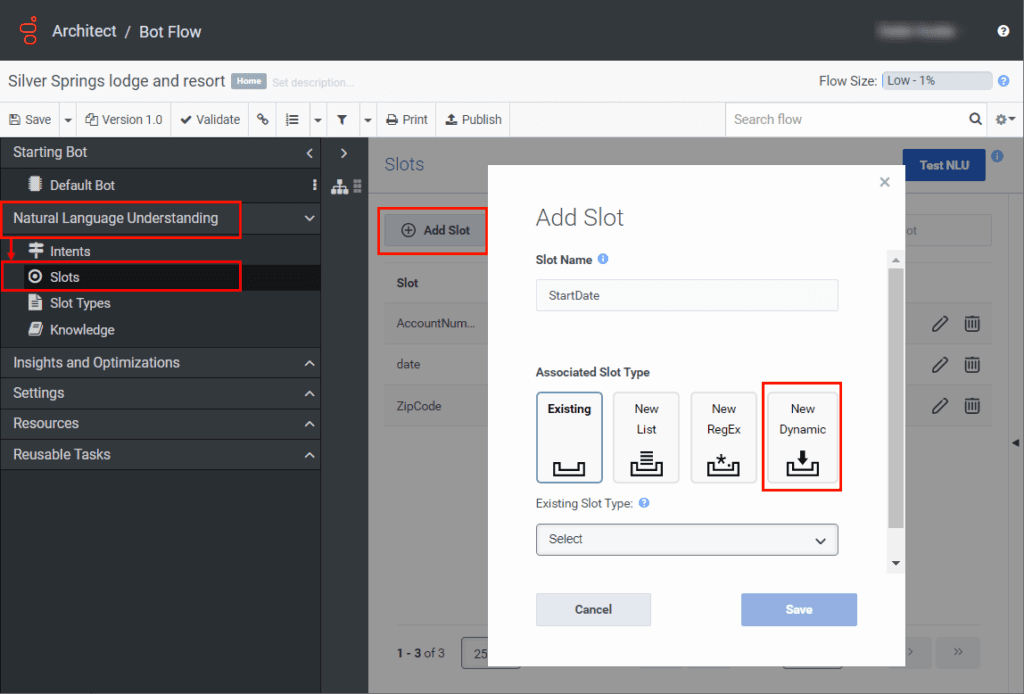 Natural Language Understanding menu - Dynamic slot type