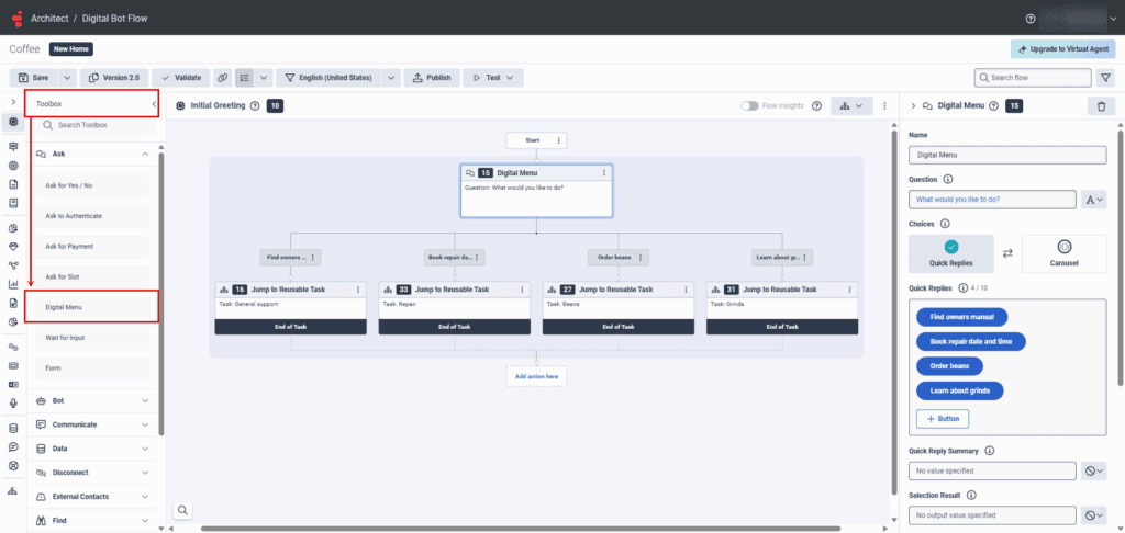 Digital Menu Bot Flow