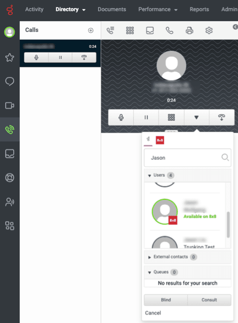 This image is a screenshot of the Transfer options in Genesys Cloud that shows the 8x8 presence.
