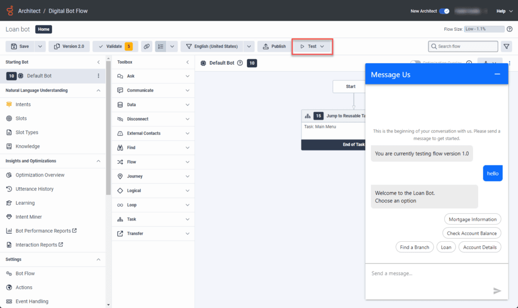 Bot tester in Architect