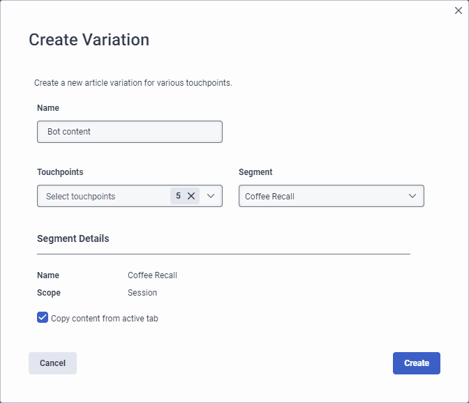 Create variation and set segment