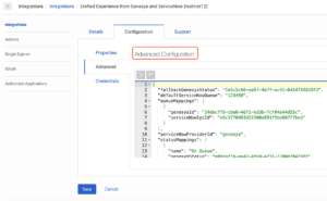 This image is a screenshot of the Advanced Configuration tab while creating an integration in Genesys Cloud for ServiceNow.