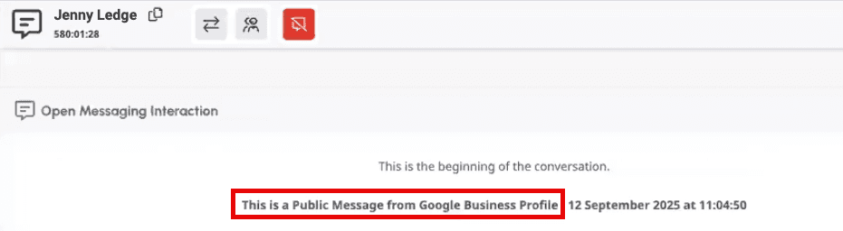 Part of the active conversation panel showing that the current interaction is a Google Business Profile interaction