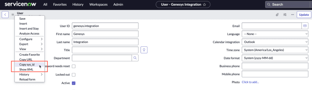 This image is a screenshot of the user record in ServiceNow that shows how to copy the sys_id of the user.