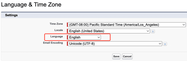 This image is a screenshot of the language selection in Salesforce UI.