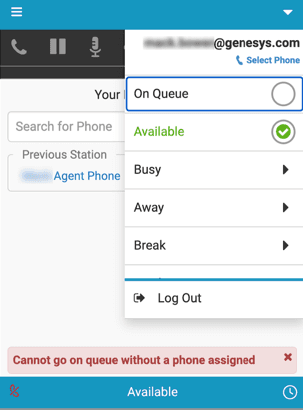 This image is a screenshot of the embedded client that displays the error message for no phone selected.