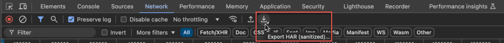 Export HAR sanitized button in Chrome
