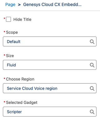 This image is a screenshot of the Embeddable component properties configuration to select Scripter as the gadget.