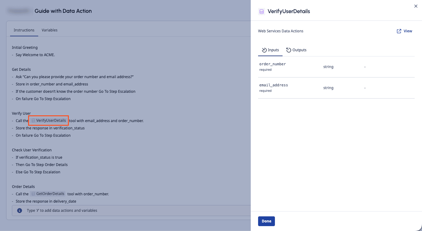 Data action side panel in AI Studio Guides