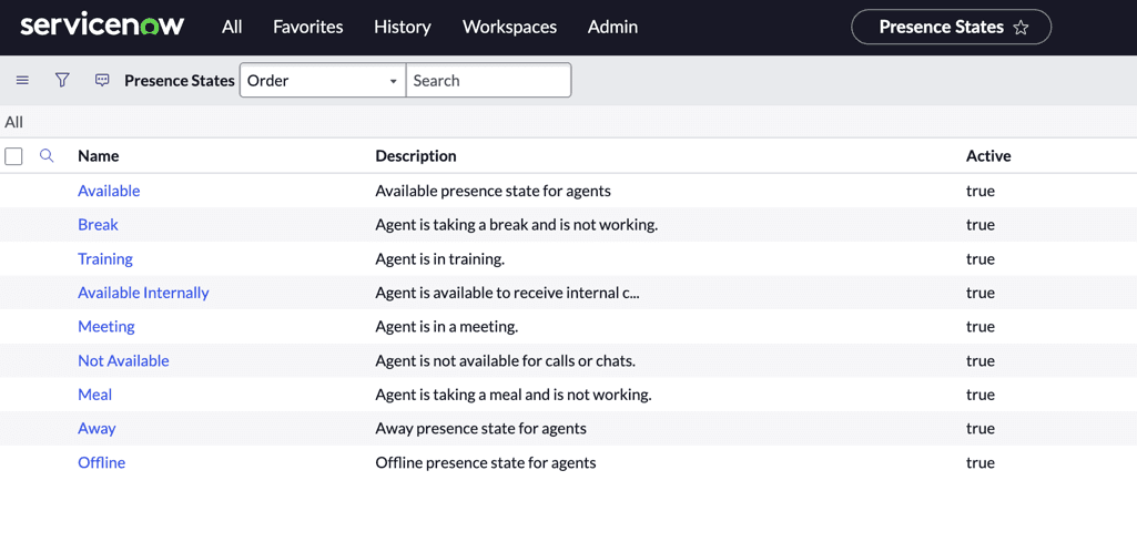 This image is a screenshot of all the available presence status in the ServiceNow UI.