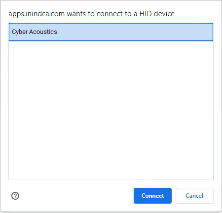 This image is a screenshot of the WebHID connection prompt when connecting the Cyber Acoustics headset.