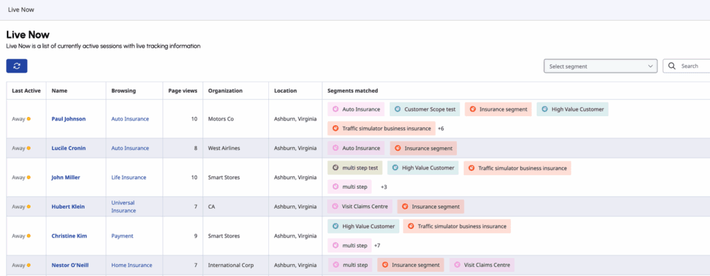 LiveNow screen showing live tracking sessions