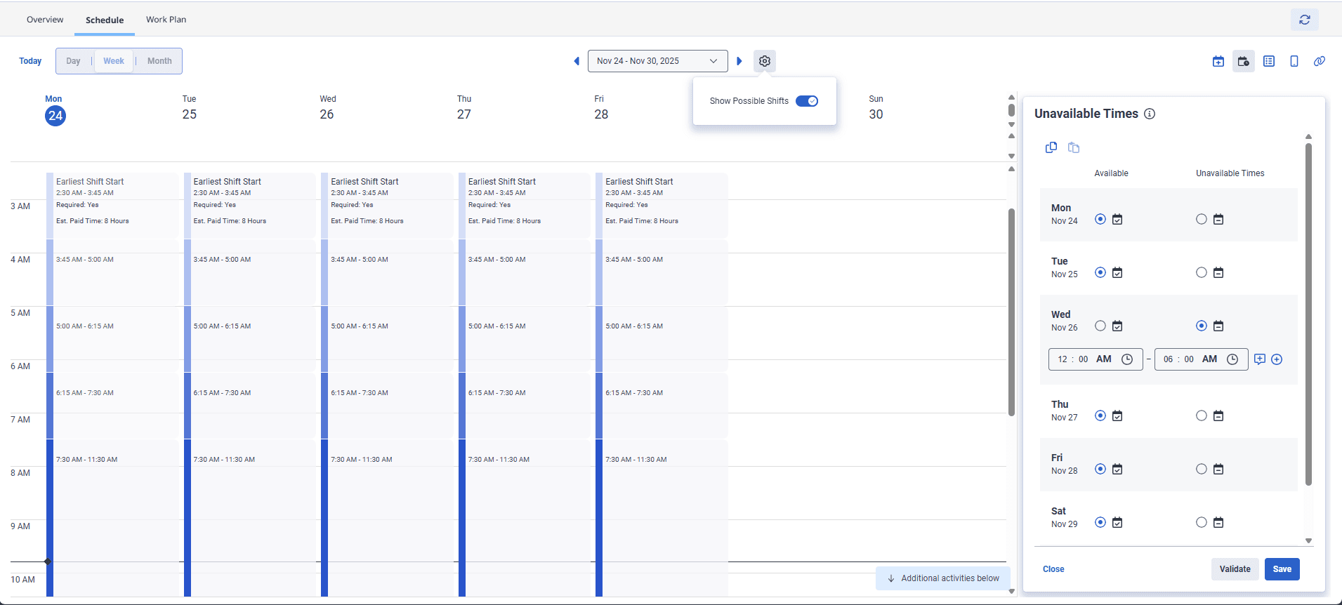 Shows the Show possible shifts toggle