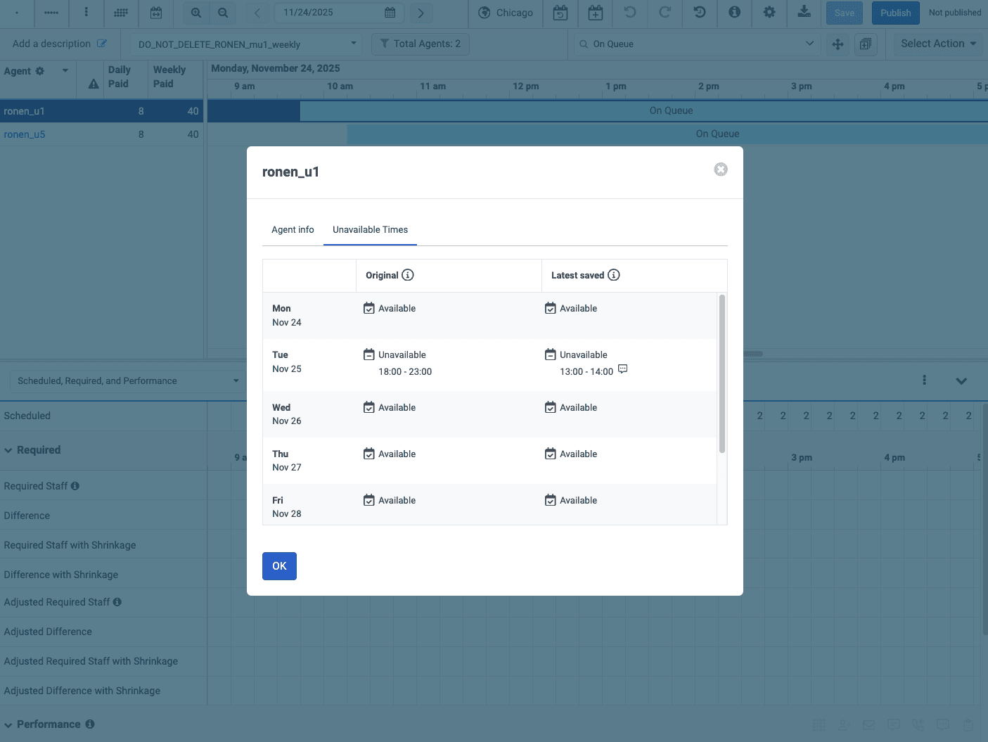 Displays the Unavailable Times tab in the Agent Details dialog box.