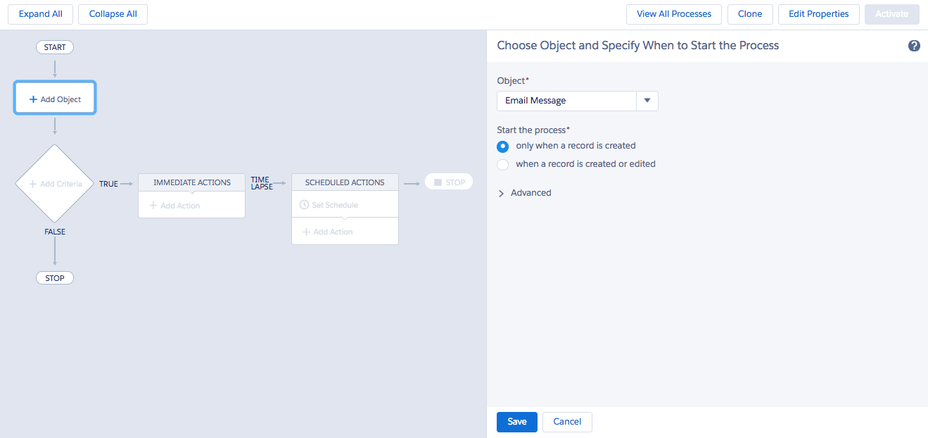 Click to enlarge. Process Builder flow for routing Salesforce emails through Genesys Cloud