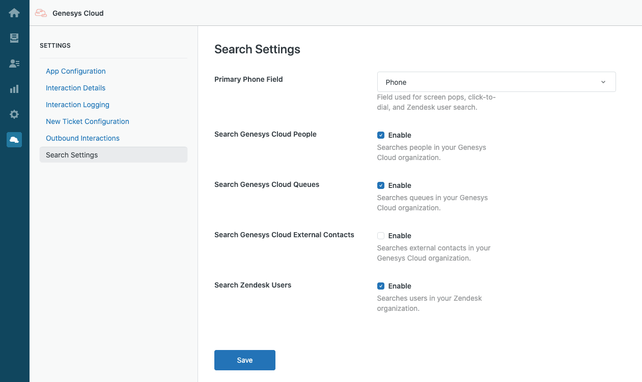 Click to enlarge. Search Settings in Genesys Cloud for Zendesk