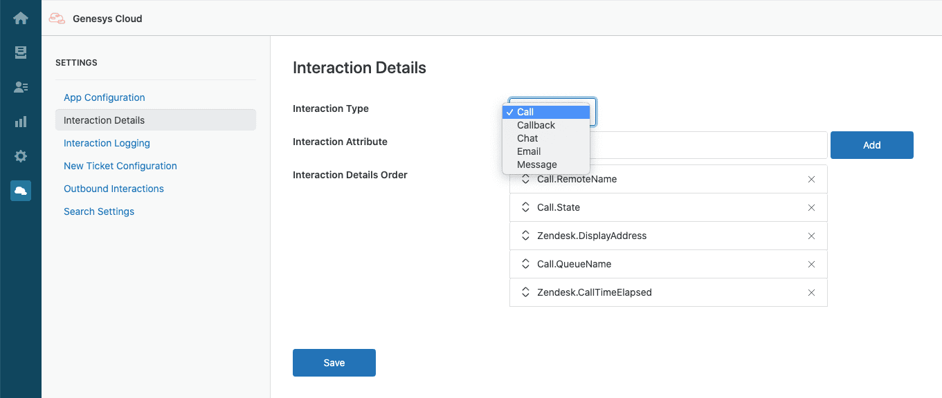 Click to enlarge. Settings for Interaction Details in Genesys Cloud for Zendesk