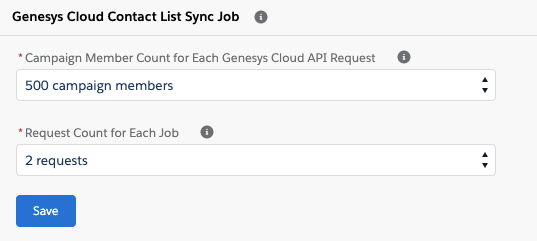 Click to enlarge. Genesys Cloud Contact List Sync Job section for Campaign Management in Salesforce