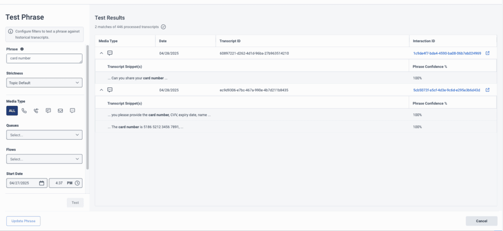Click to enlarge. Test phrase option and results UI