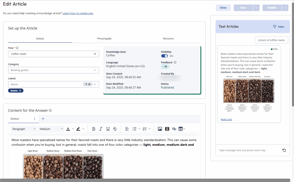 Click to enlarge. Knowledge workbench article summary