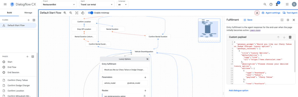 Click to enlarge. Google Cloud Dialogflow ES carousels intent switching