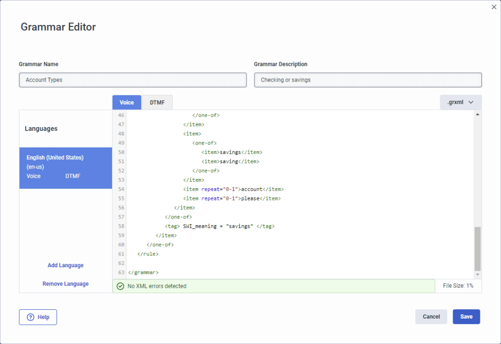 Click to enlarge. Grammar Editor for Voice example