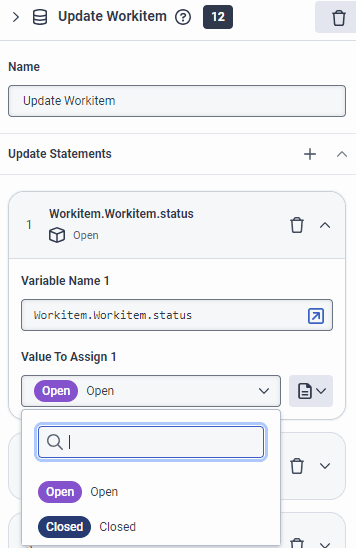Click to enlarge. Update Workitem action variable for status