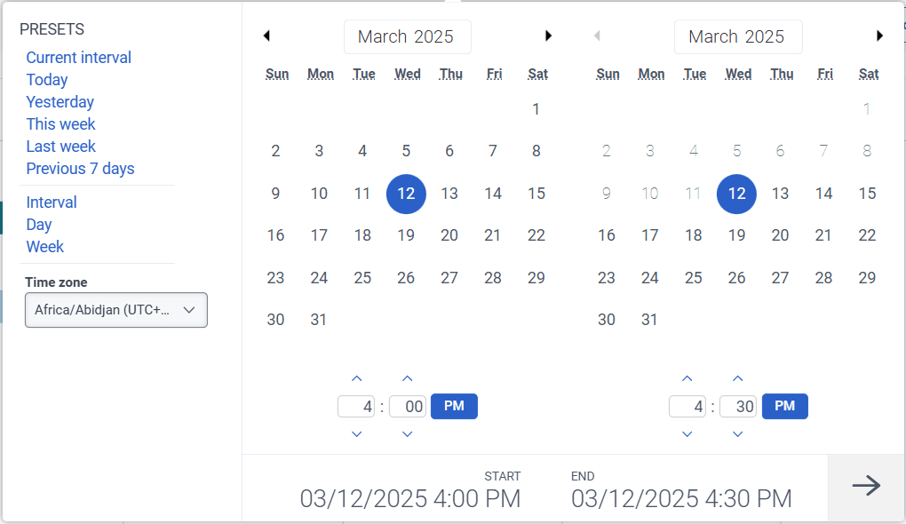Click to enlarge. Date filter for Agent Timeline view