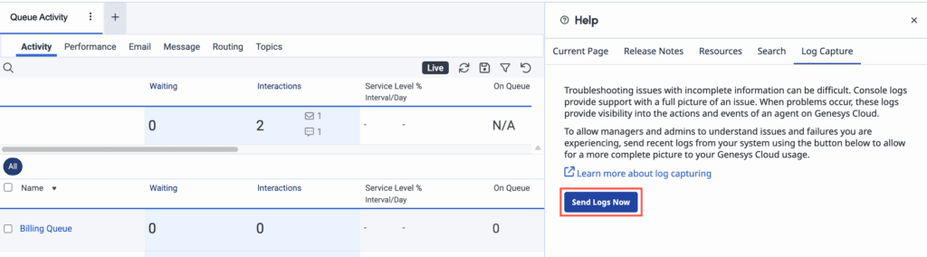 Click to enlarge. Help option, log capture tab, and the Send Logs Now option on the Help panel